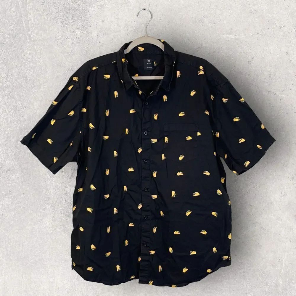 Visive Button Down Shirt Black Taco Tuesday Print Short Sleeve, Size 2XL